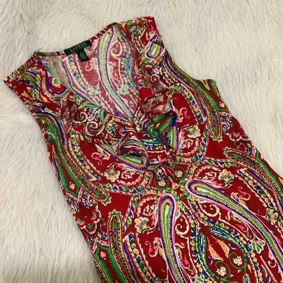 Lauren Ralph Lauren women’s red paisley sleeveless ruffle summer knit dress S - Picture 2 of 9